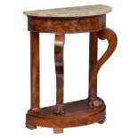 A fine mahogany veneered Louis Philippe wall console, with lion-shaped feet and a marble top, the se