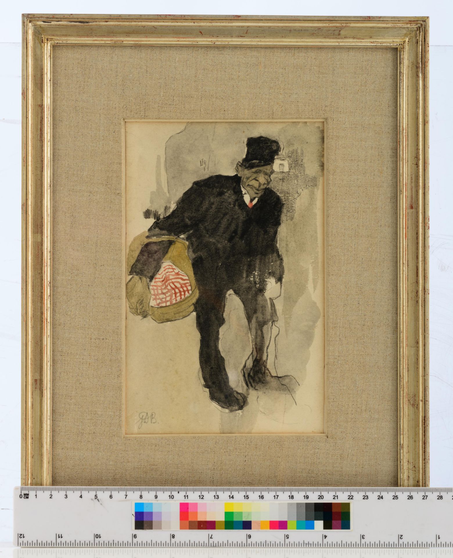 Monogrammed J.D.B. (Jules De Bruycker), a male figure holding a basket, pencil and watercolour on pa - Bild 6 aus 6