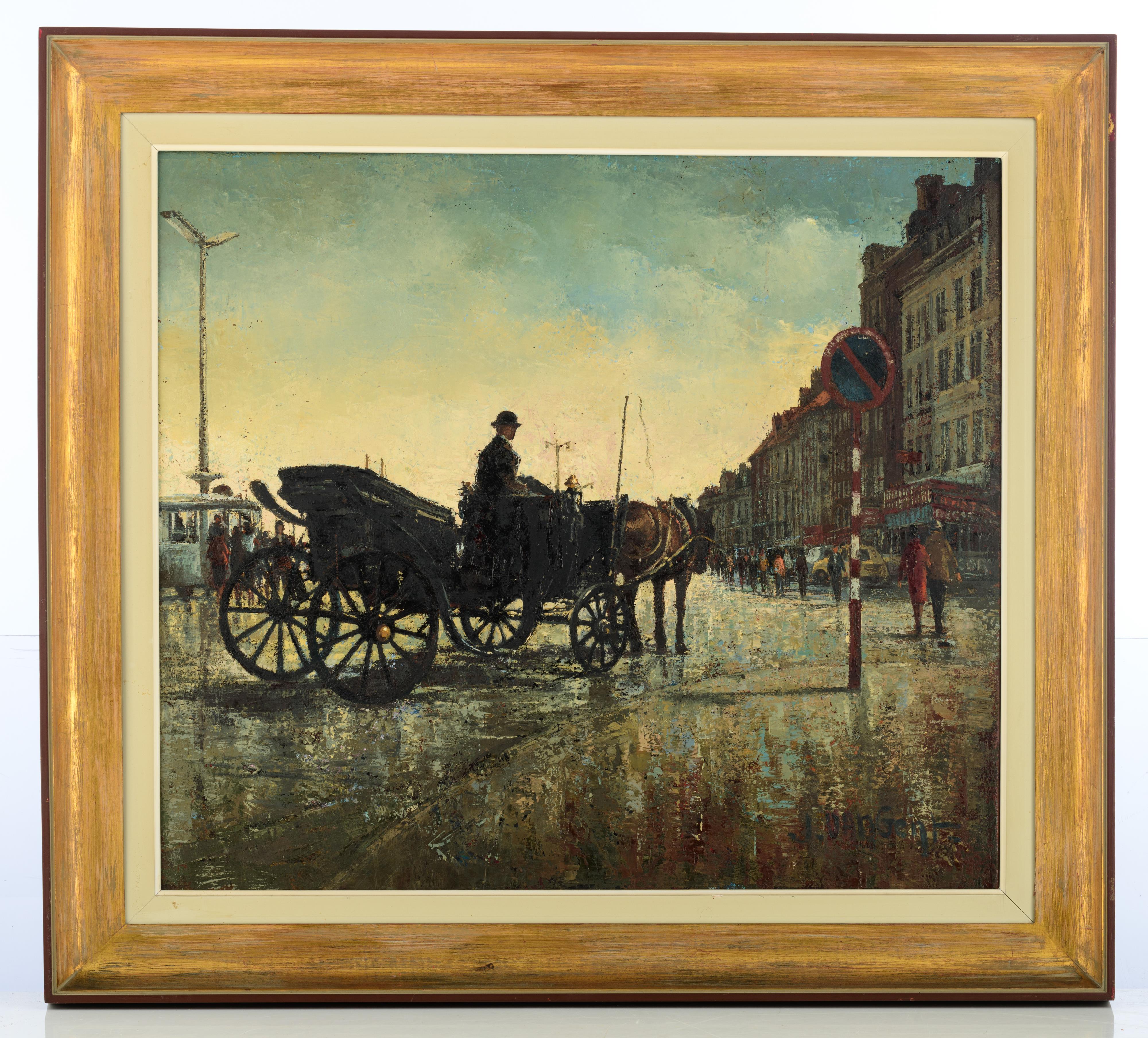 Jan Van Gent (Jef van Turnhout), a coachman in the rain in Ostend, oil on canvas, 70 x 80 cm - Image 2 of 7
