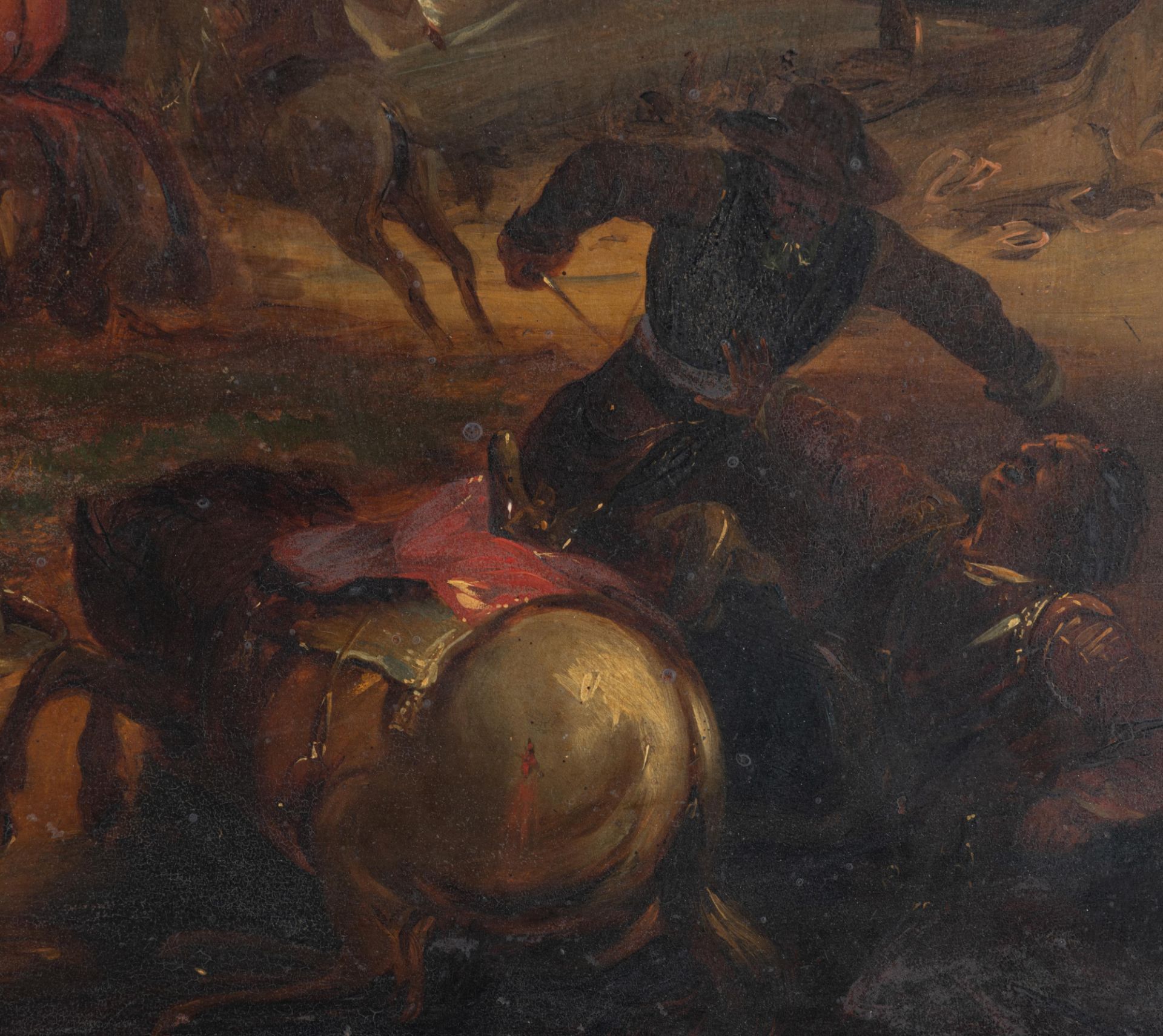 No visible signature, the heat of the battle, 19thC, oil on panel, 62 x 79 cm - Image 6 of 8