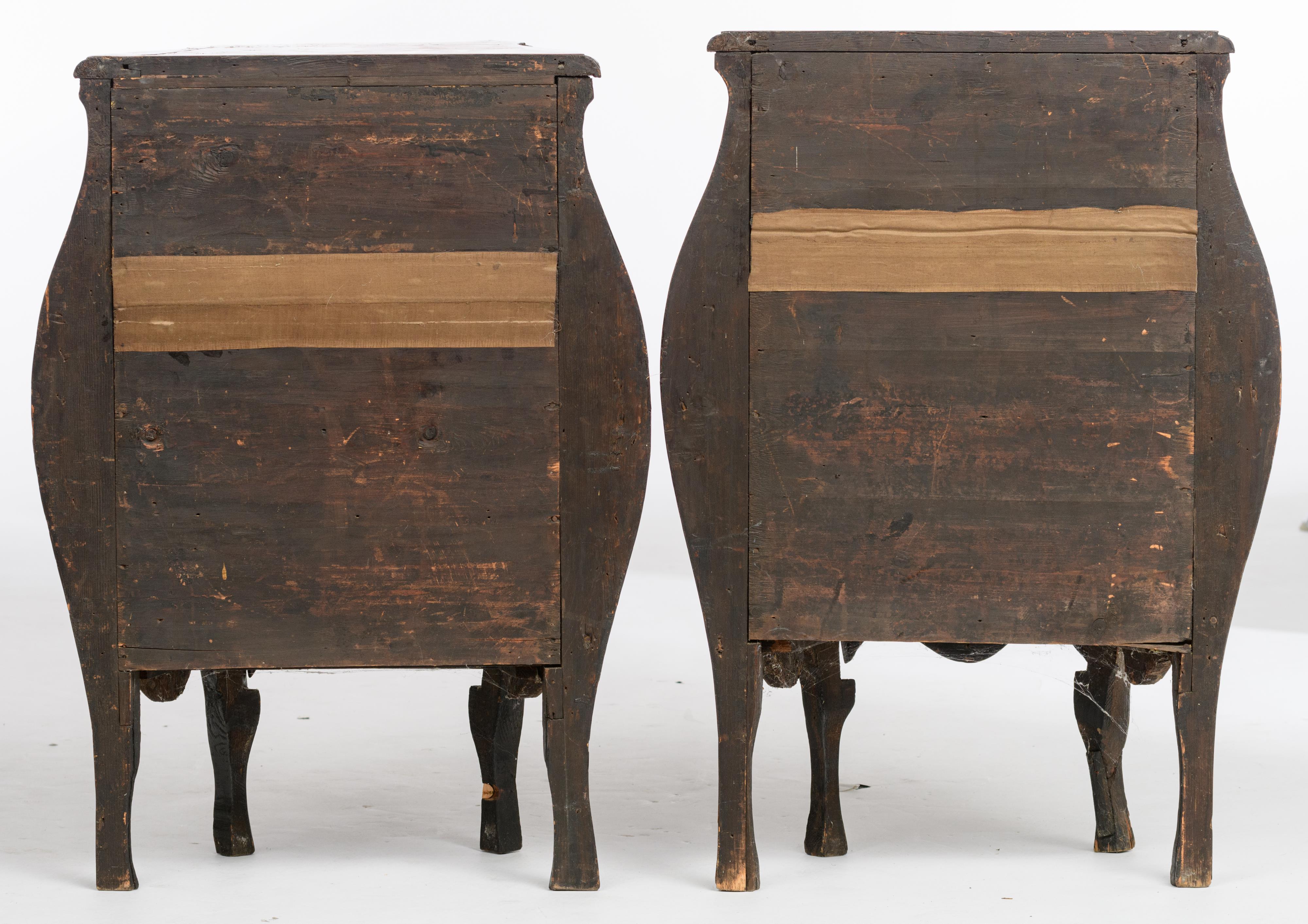 An exceptional pair of walnut veneered probably Italian Rococo side cabinets, decorated with marquet - Image 4 of 12