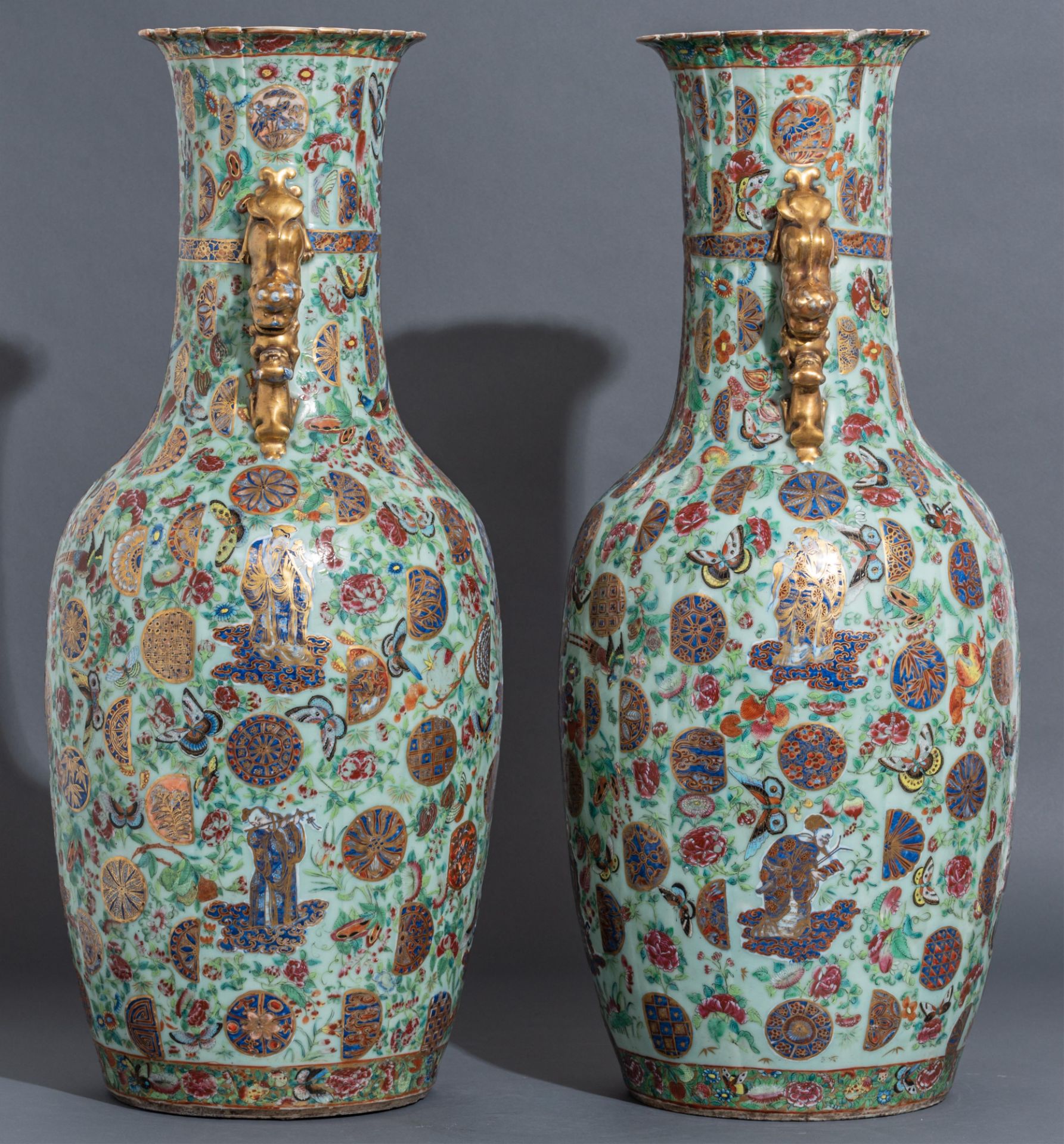 A pair of Chinese Canton famille rose on celadon ground vases, all over decorated with the Eight Imm - Bild 11 aus 21