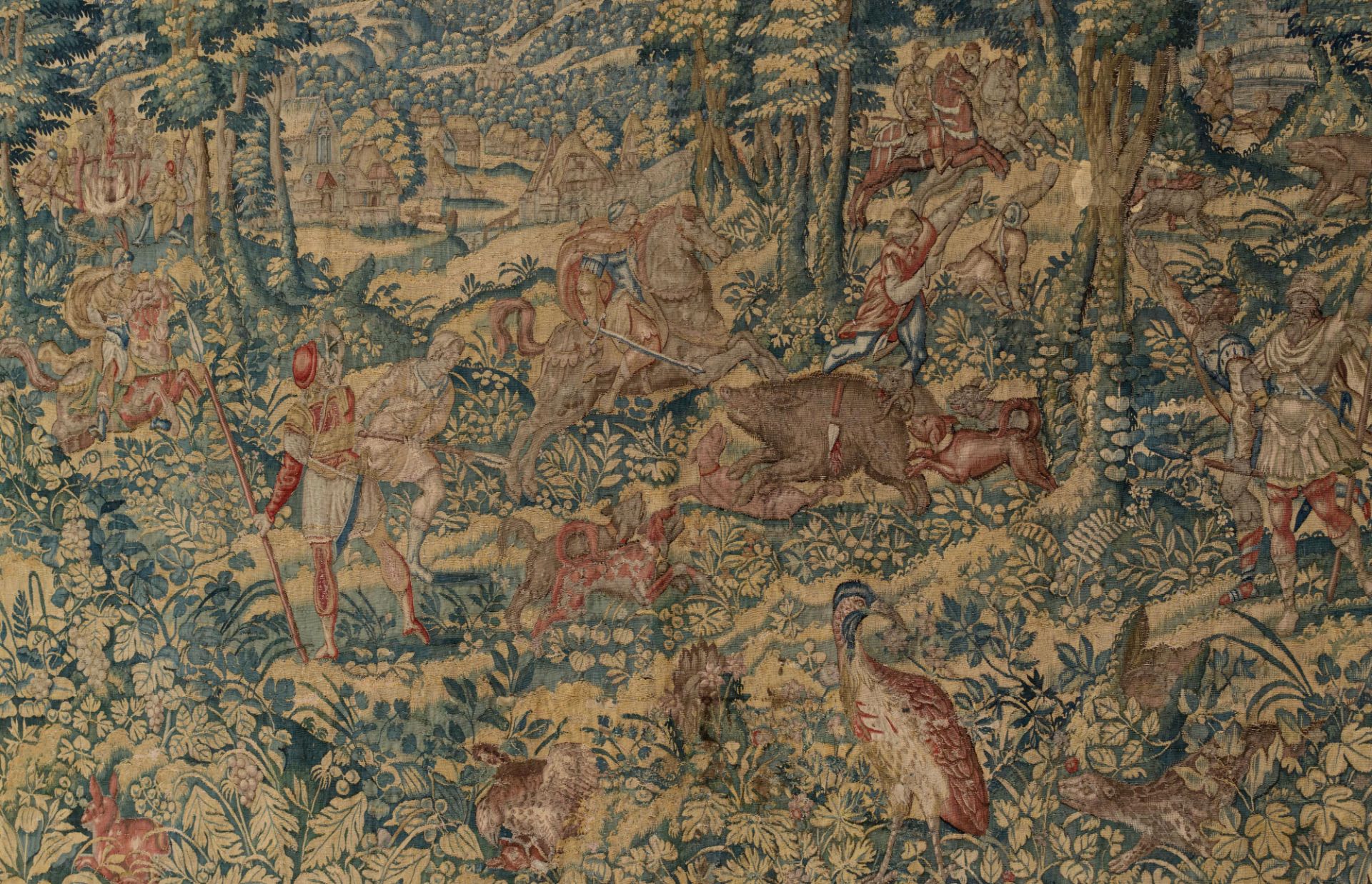 A Flemish wall tapestry, depicting wild boar hunting scenes, the border richly decorated with variou - Bild 15 aus 26