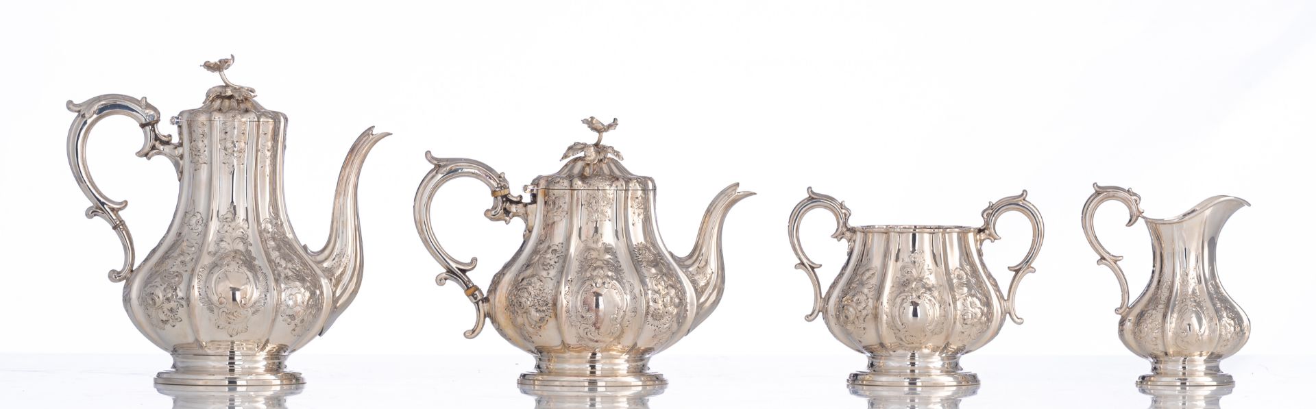 A silver plate Rococo Revival four-part coffee and tea set, Elkington & Cø (1842 - 1864), H 14,5 - 2 - Image 8 of 24