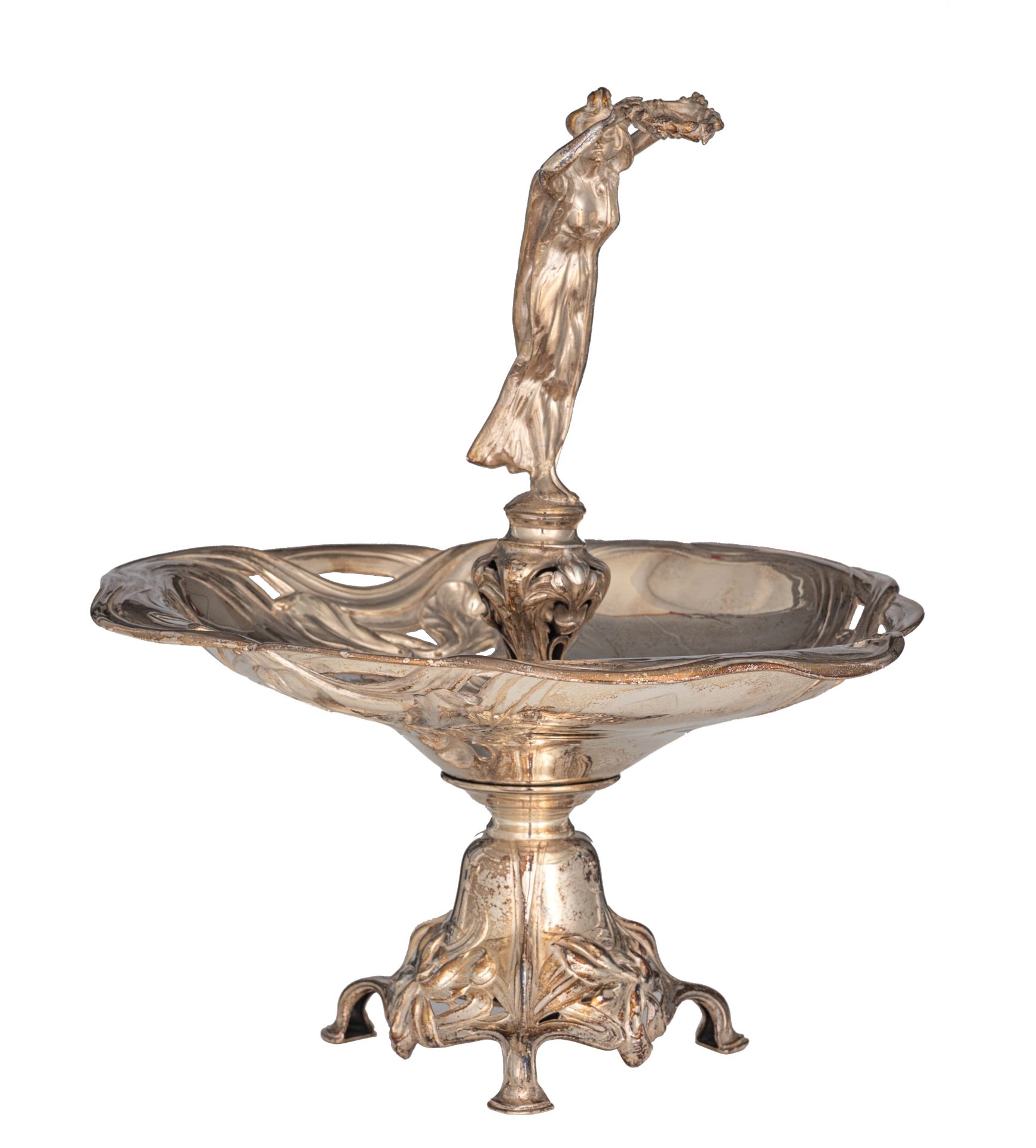 An Art Nouveau silver centrepiece, decorated with the lady in the centre holding a laurel wreath, Ge