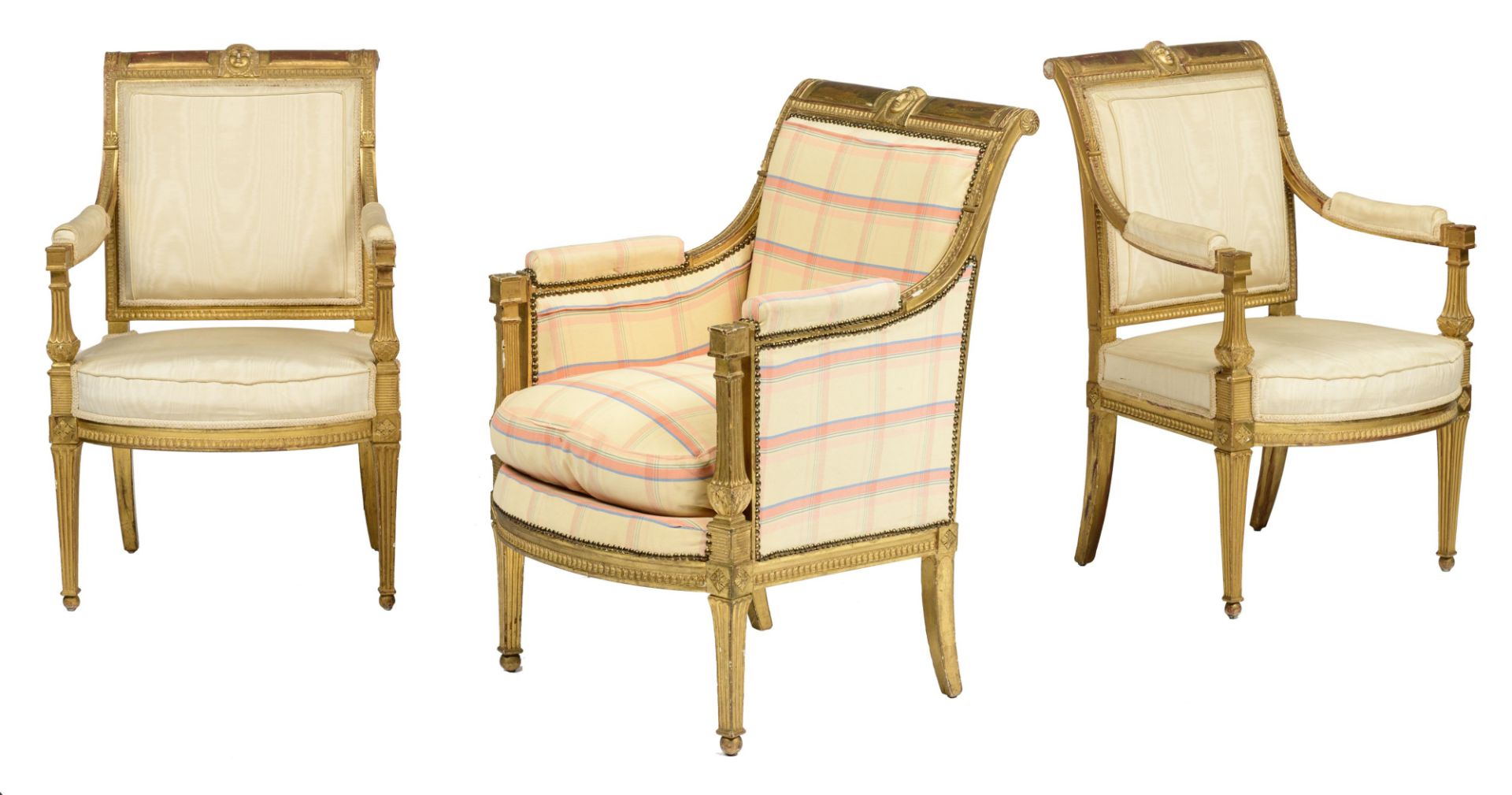 A gilt wooden French Directoire set of two armchairs and one 'bergŠre', 1795 - 1799, H 93 - W 58 - 6