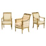 A gilt wooden French Directoire set of two armchairs and one 'bergŠre', 1795 - 1799, H 93 - W 58 - 6