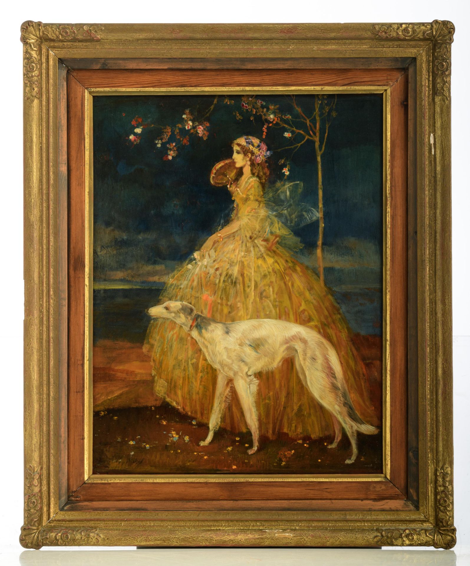 Van Belle K., a well-dressed lady with her dog in the night, oil on hardboard, 50 x 62 cm. Added: In - Image 2 of 9