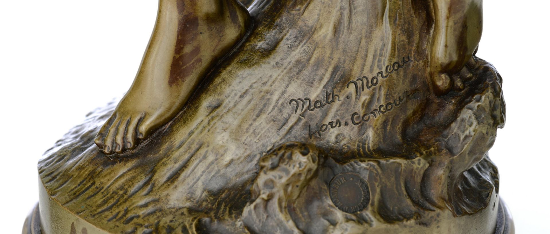 Moreau M., a beauty with a lyre, 'Hors Concours', with a 'M‚daille d'Honneur' mark, patinated bronze - Image 6 of 8