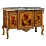 A mahogany French Transition style commode, decorated with gilt bronze mounts and a Marron Emperador