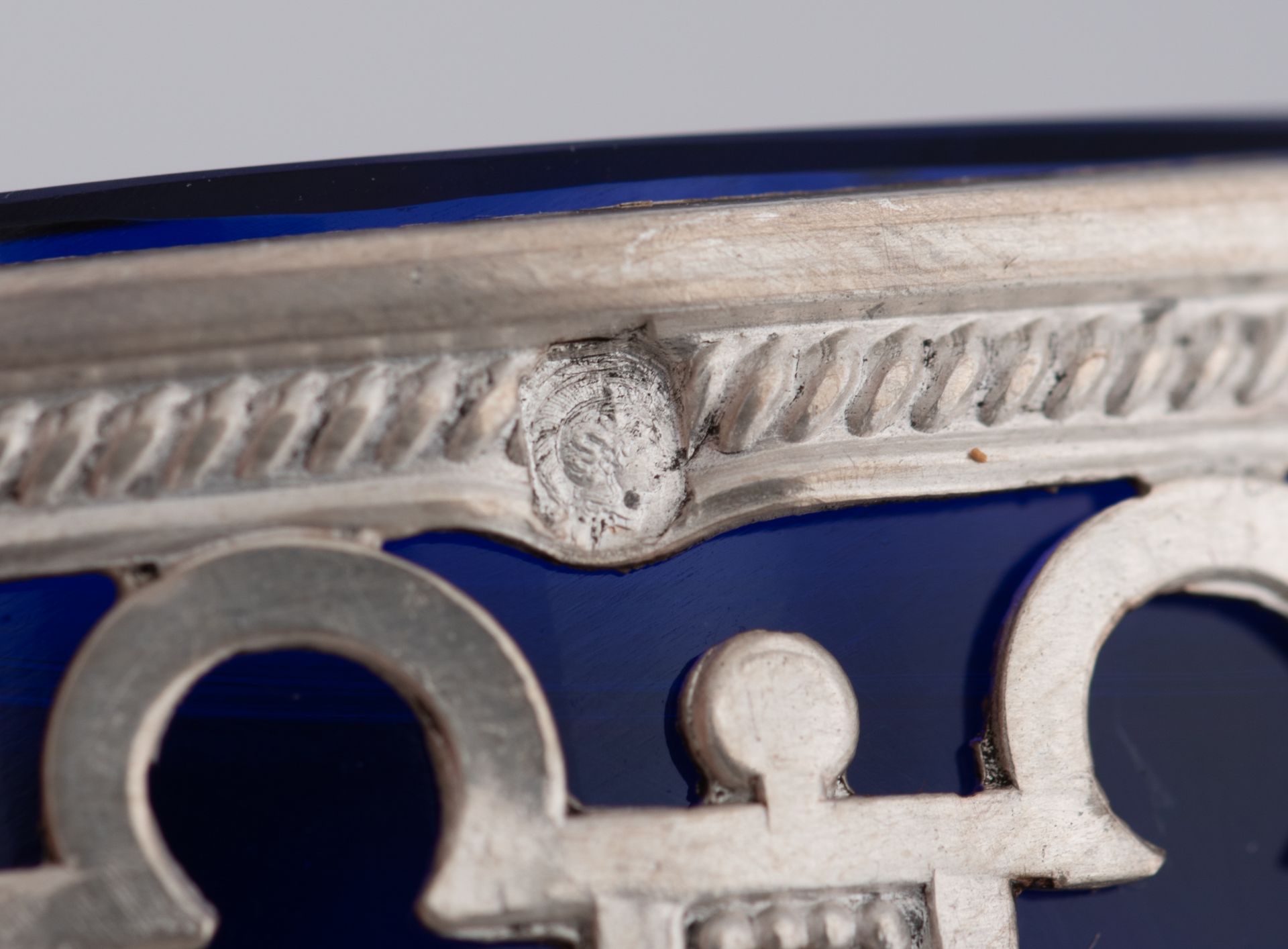 A set of eight Neoclassical silver salts with the blue glass liners and the matching spoons, French - Image 26 of 47