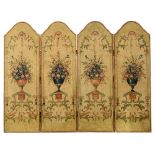 A four-panel screen, decorated with Rococo inspired abundant flower vases and birds, hand-painted on