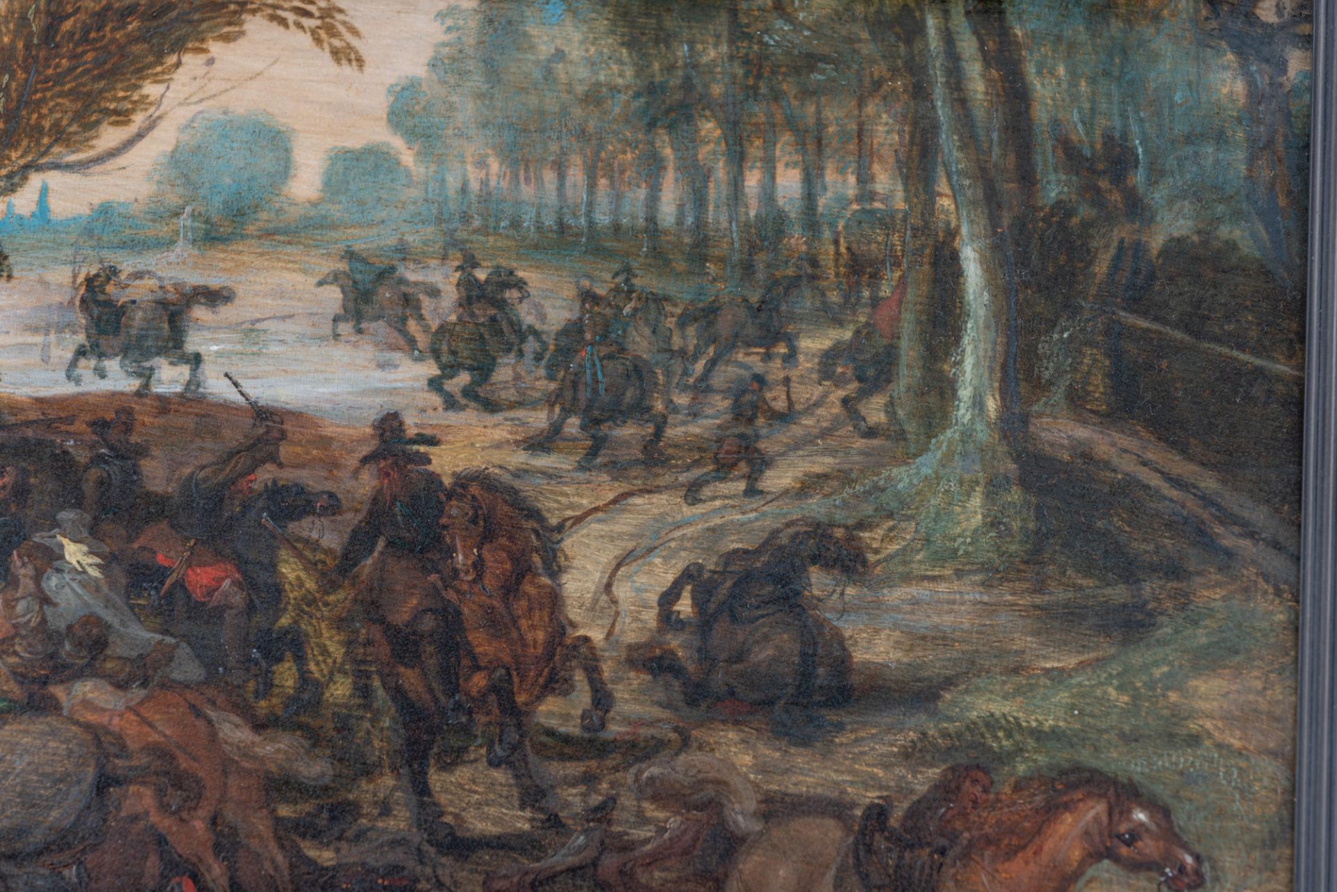 Attributed to/the circle of Vrancx S., a battle scene, oil on panel, 17thC, 25,5 x 36 cm - Image 11 of 13