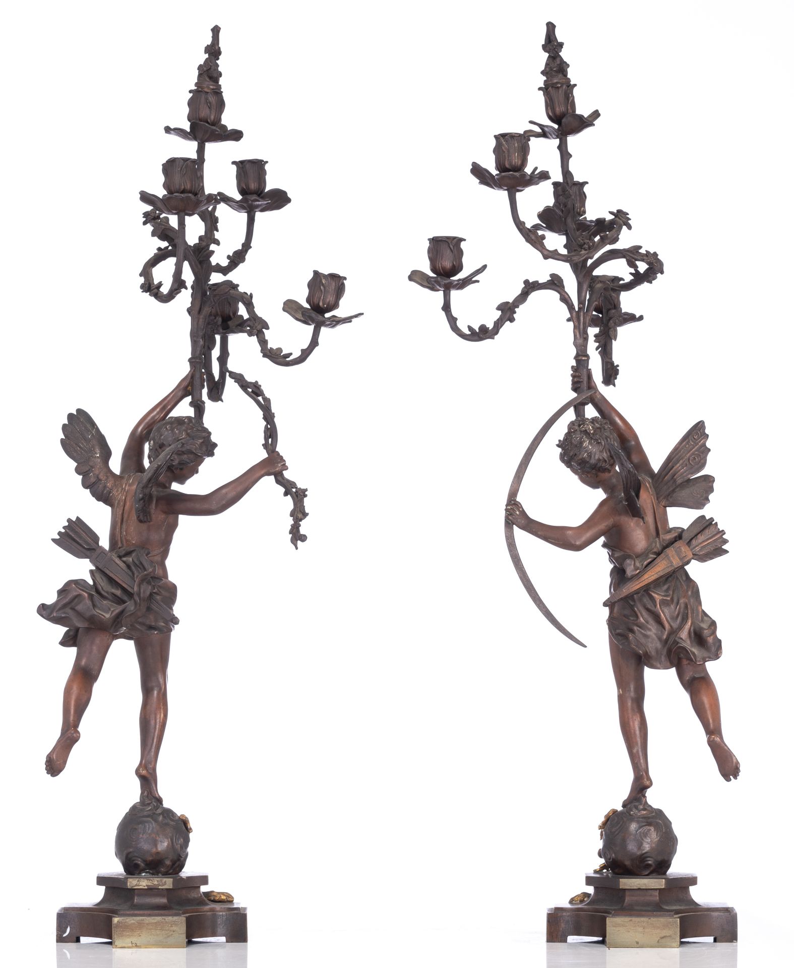 Rancoulet E., a pair of patinated bronze candelabras, titled 'La Nuit tout Repose' and 'Retour du Pr - Image 3 of 17