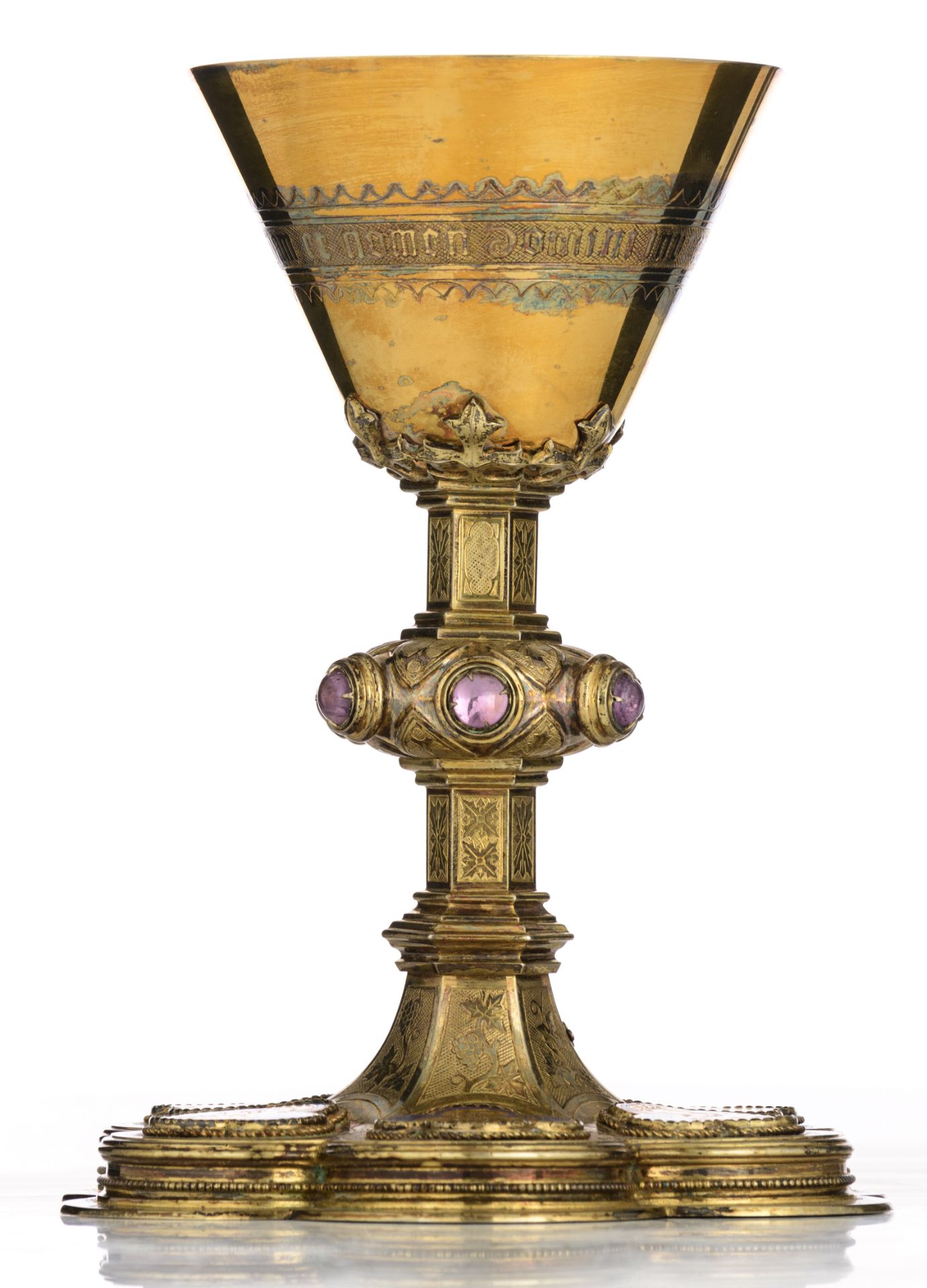 A six-lobed silver, gilt silver and partly blue enamelled Gothic Revival chalice set with cabochon-c - Image 12 of 20