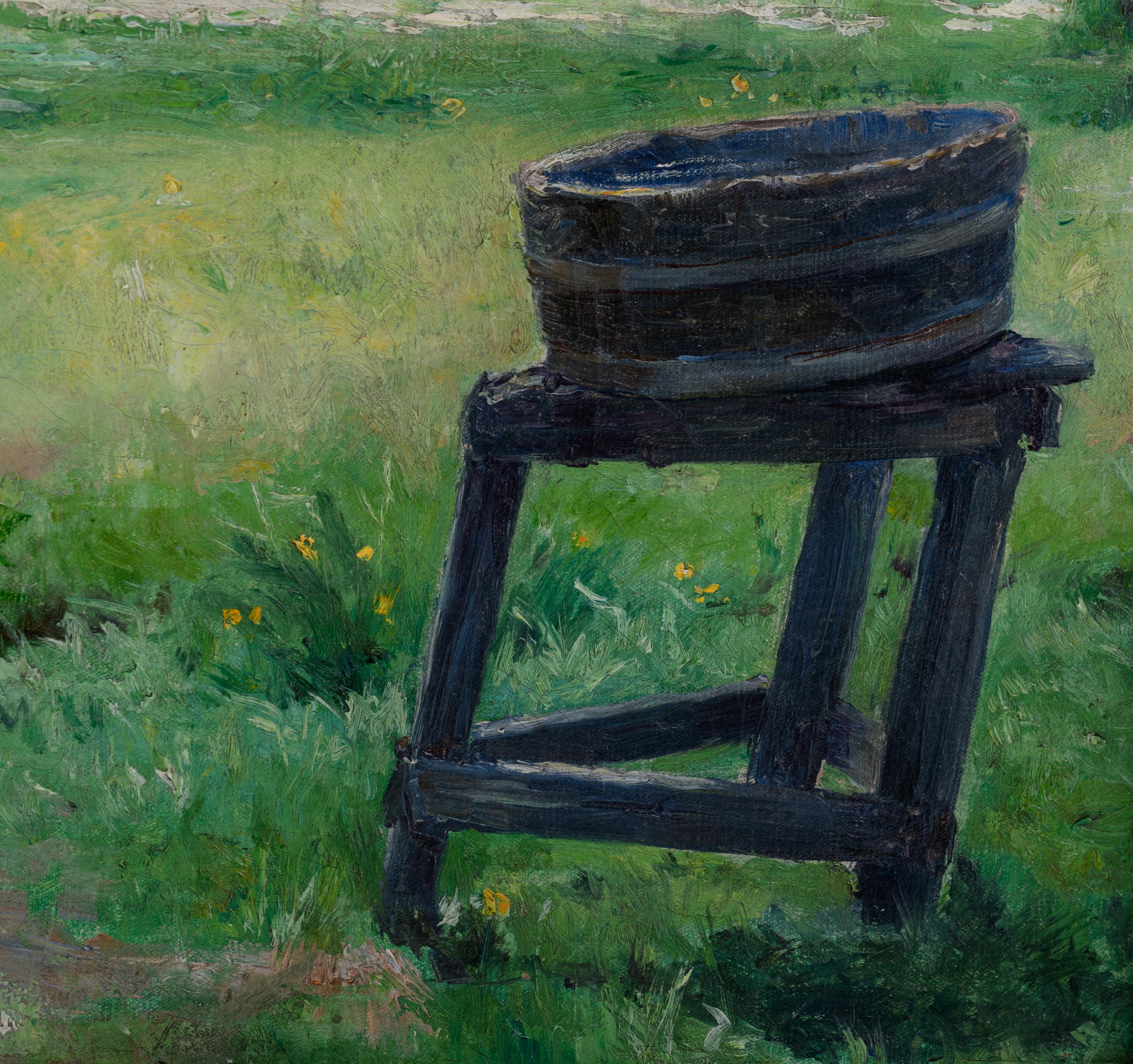 Horenbant J., the laundry tub, oil on canvas, 34 x 45 cm. Added: Montobio G., the haystacks in summe - Image 11 of 12