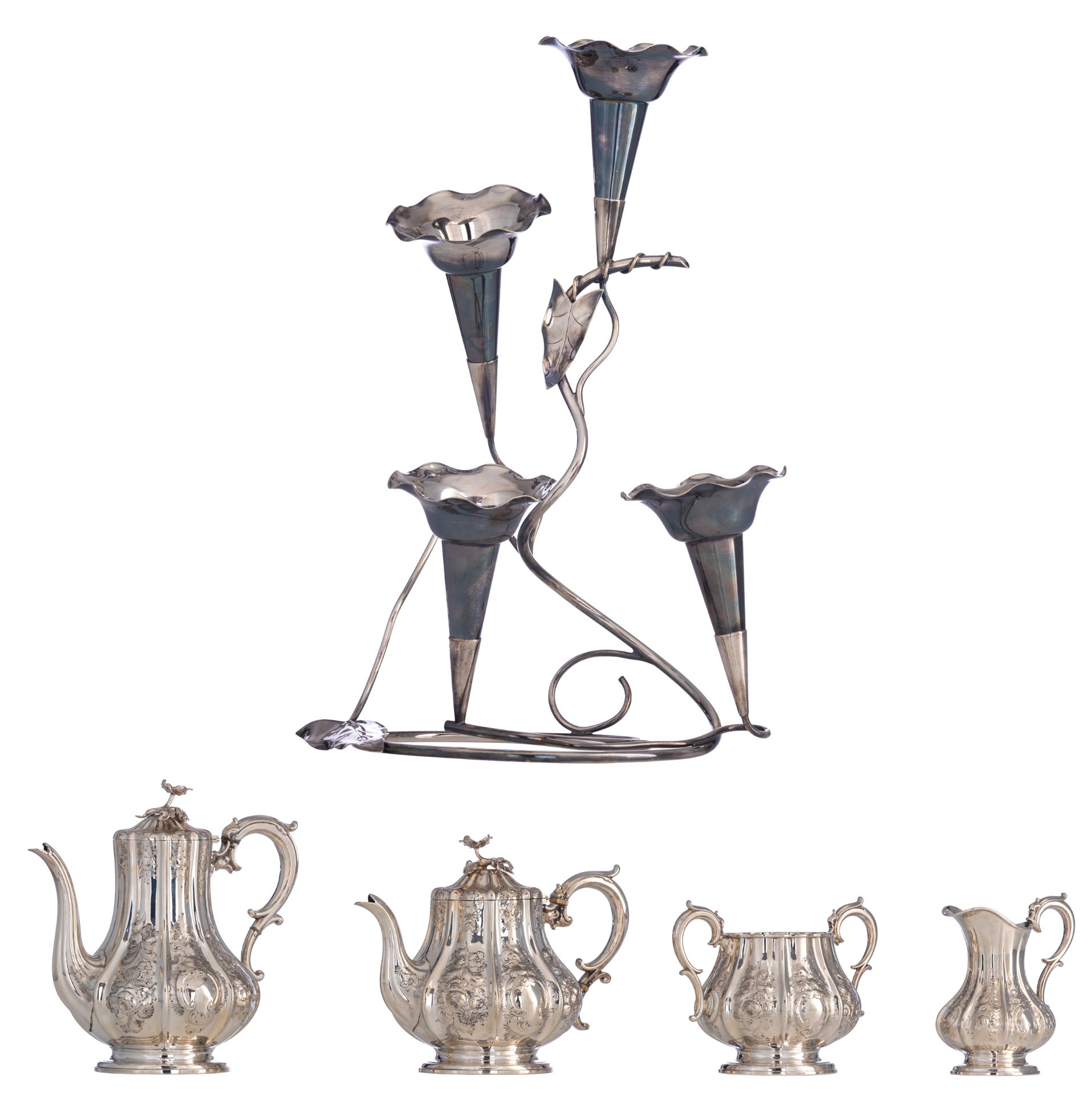 A silver plate Rococo Revival four-part coffee and tea set, Elkington & Cø (1842 - 1864), H 14,5 - 2