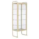 A vintage mid-century medicine display cabinet, beige painted metal and glass, H 172 - W 65 - D 40 c