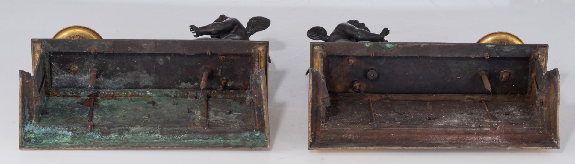 A pair of gilt and patinated Empire style chenets and andirons, the chenets decorated with female ma - Image 6 of 11