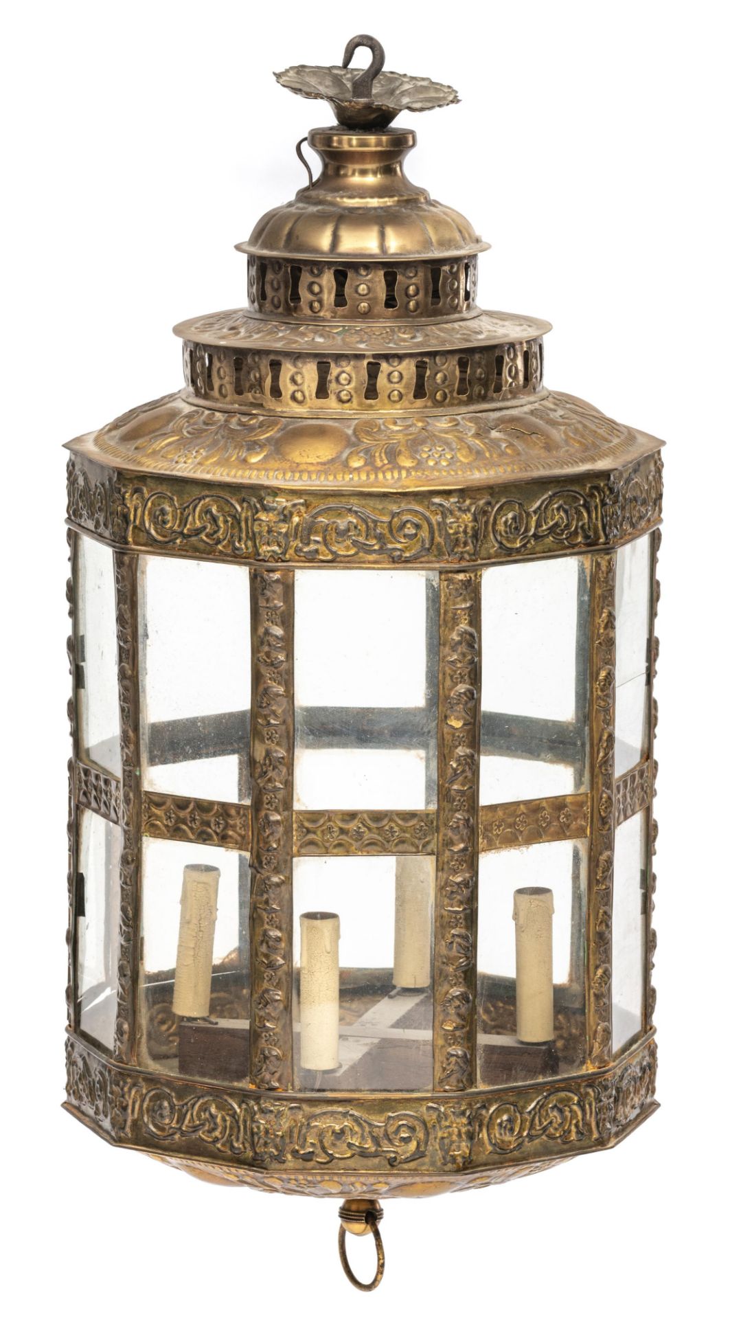 A Low-Countries brass lantern in a 17thC manner (possibly of the period or 19thC), H all-in 88 cm, ,