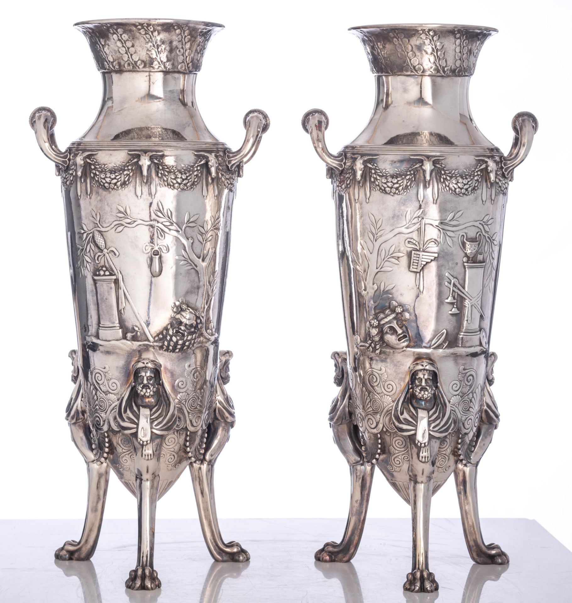 A pair of Greek-inspired silvered bronze amphora vases with classical-inspired decoration, F. Barbed - Image 3 of 14