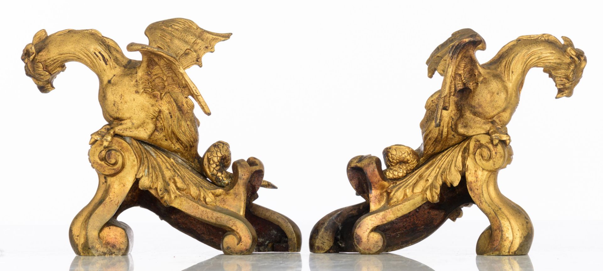 A pair of gilt bronze Louis XIV style andirons with dragons on top, H 20 cm. Added a pair of gilt br - Image 4 of 11