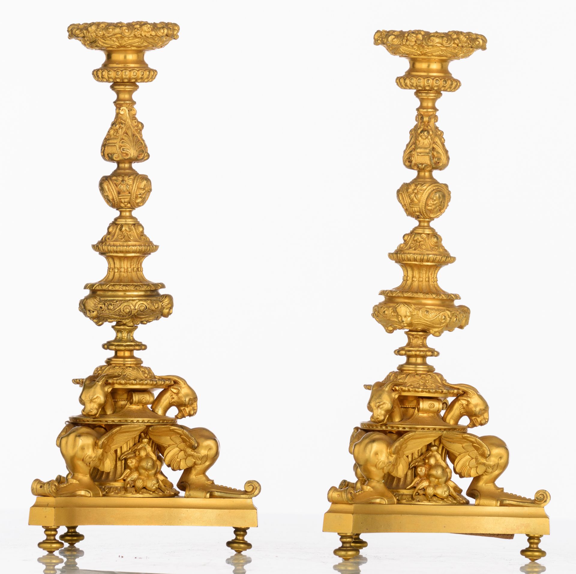 A pair of gilt bronze Louis XIV style andirons with dragons on top, H 20 cm. Added a pair of gilt br - Image 10 of 11