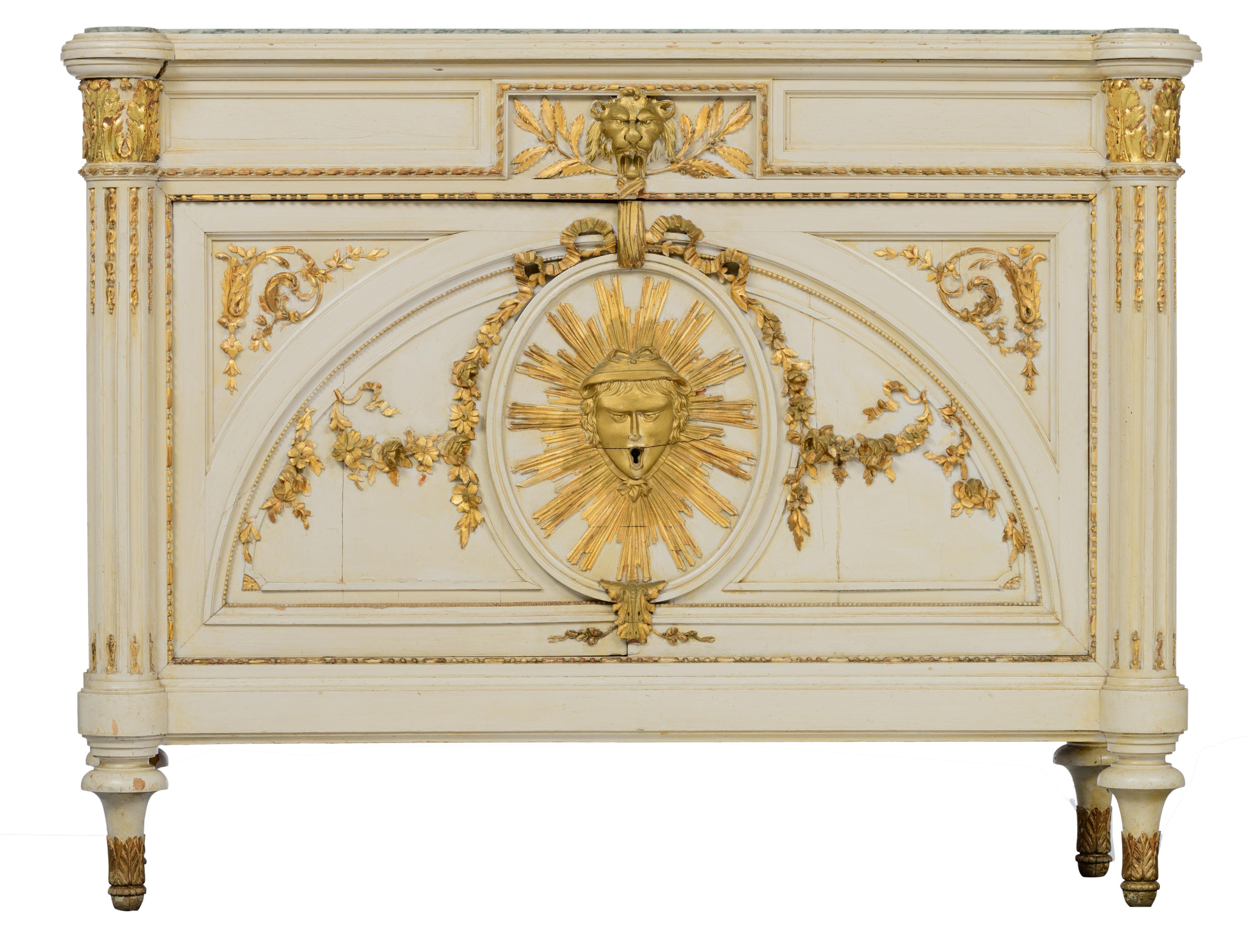 A patinated and gilt painted Neoclassical commode, decorated with carved garlands, acanthus leaves a - Image 2 of 8