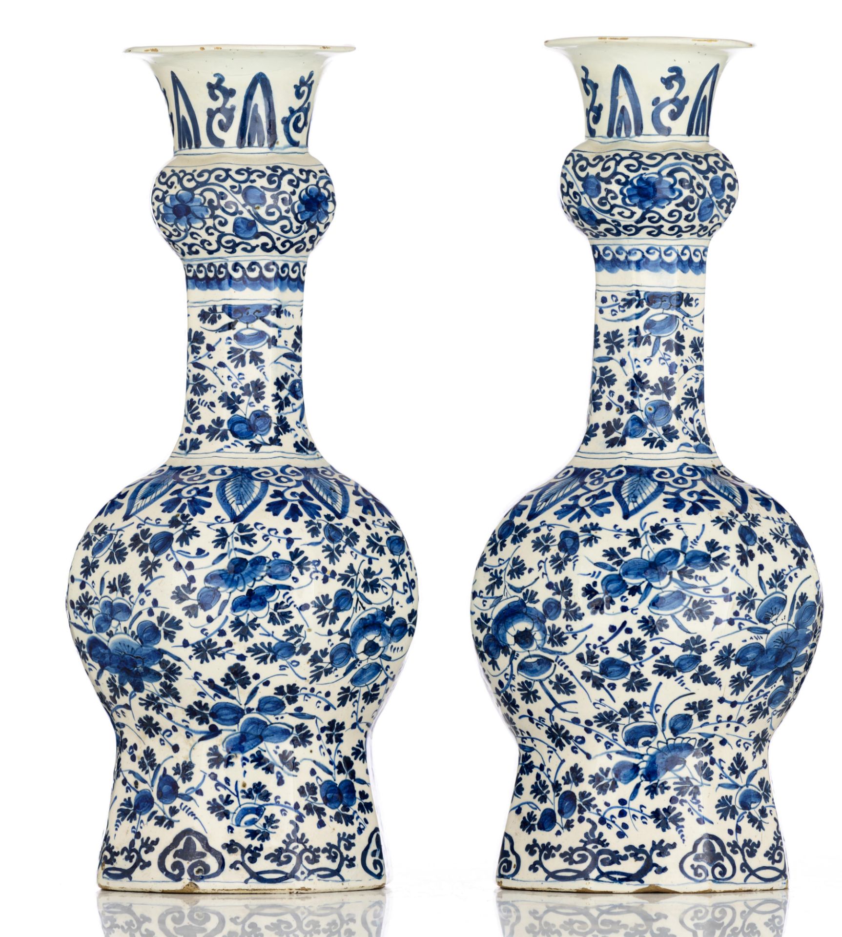 A pair of blue and white floral decorated Dutch Delftware garlic bottle vases, 18thC, H 37 cm. Added - Bild 4 aus 17