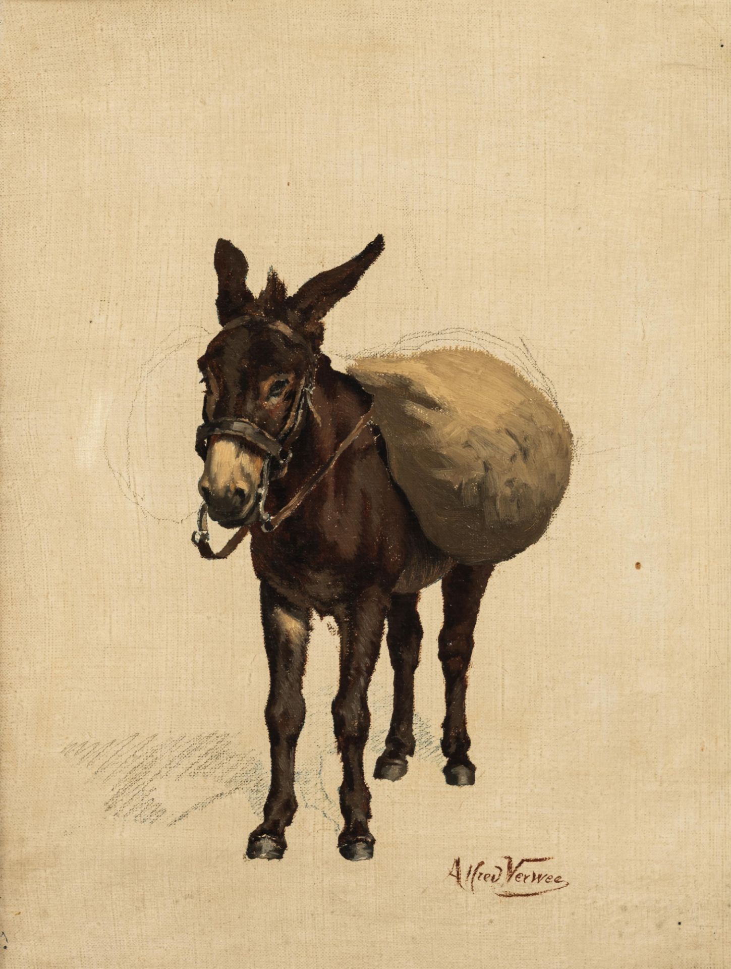 Verwee A., the packed donkey, an oil and pencil sketch on canvas, 27,5 x 35,5 cm