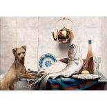 Van Speybrouck E., a still life with fish, oysters and a dog, with inscription and dated 'Bruges 12