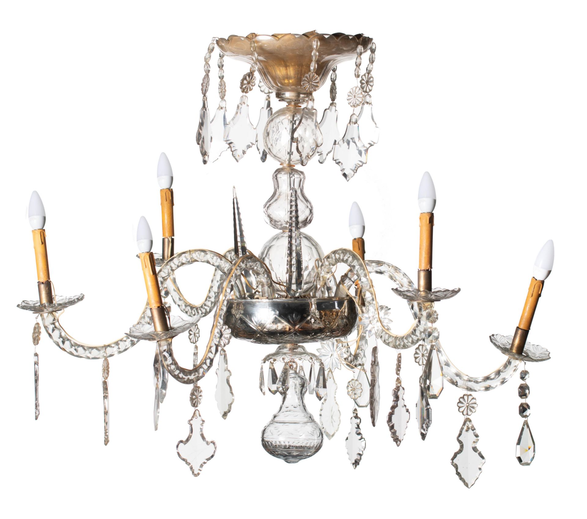 An imposing six-armed Venetian type glass chandelier, H 80 - › 107 cm,