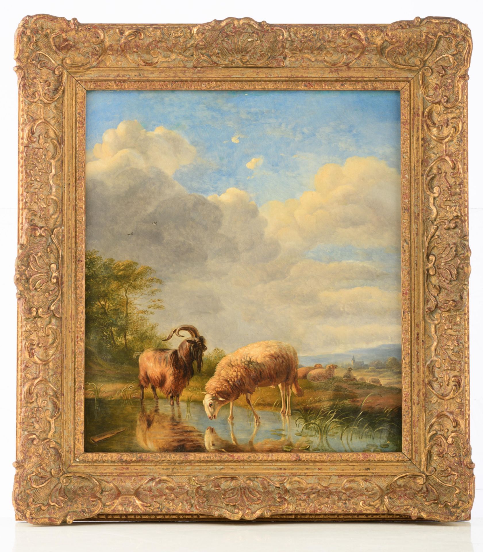 Ommeganck B., the shepherd and his resting flock near the pond, oil on an oak panel, 36 x 40,5 cm - Bild 2 aus 7