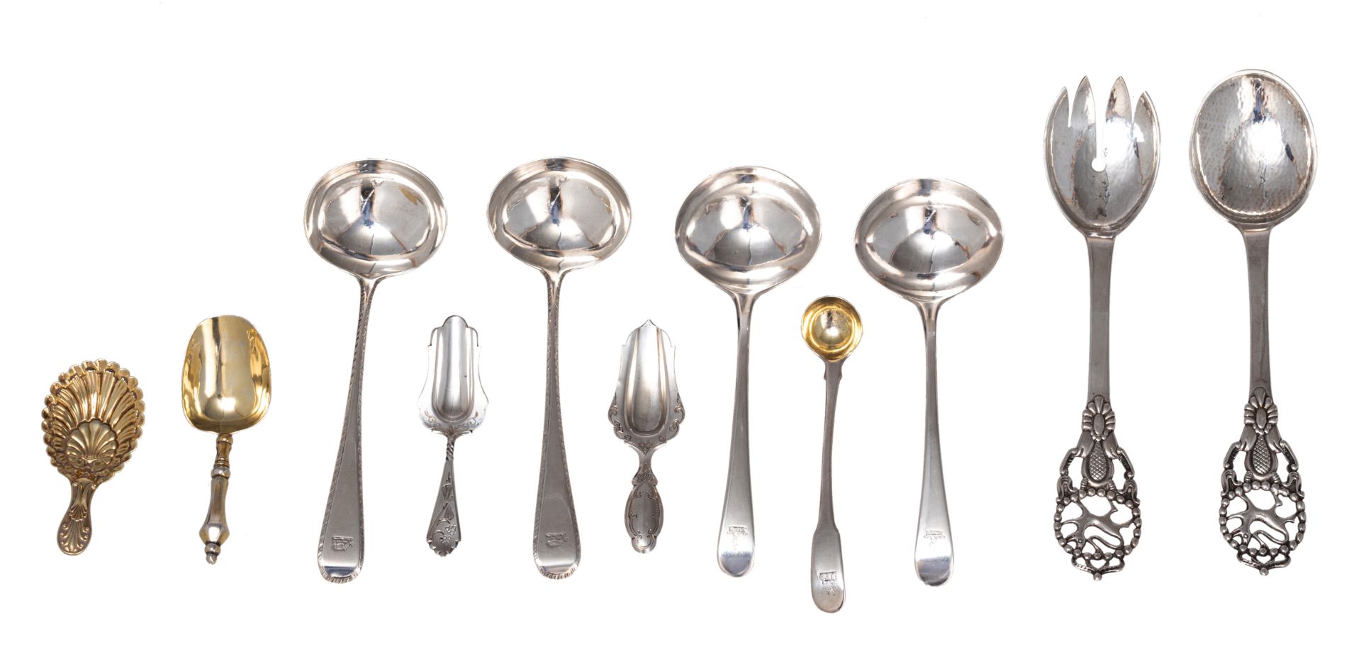 A various collection of English sterling silver spoons, containing: two pair of London hallmarked sa