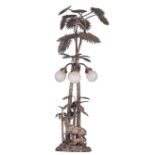 A silver-plated bronze table lamp, shaped like a stag and a calf in the forest, H 78 cm