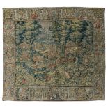 A Flemish wall tapestry, depicting wild boar hunting scenes, the border richly decorated with variou