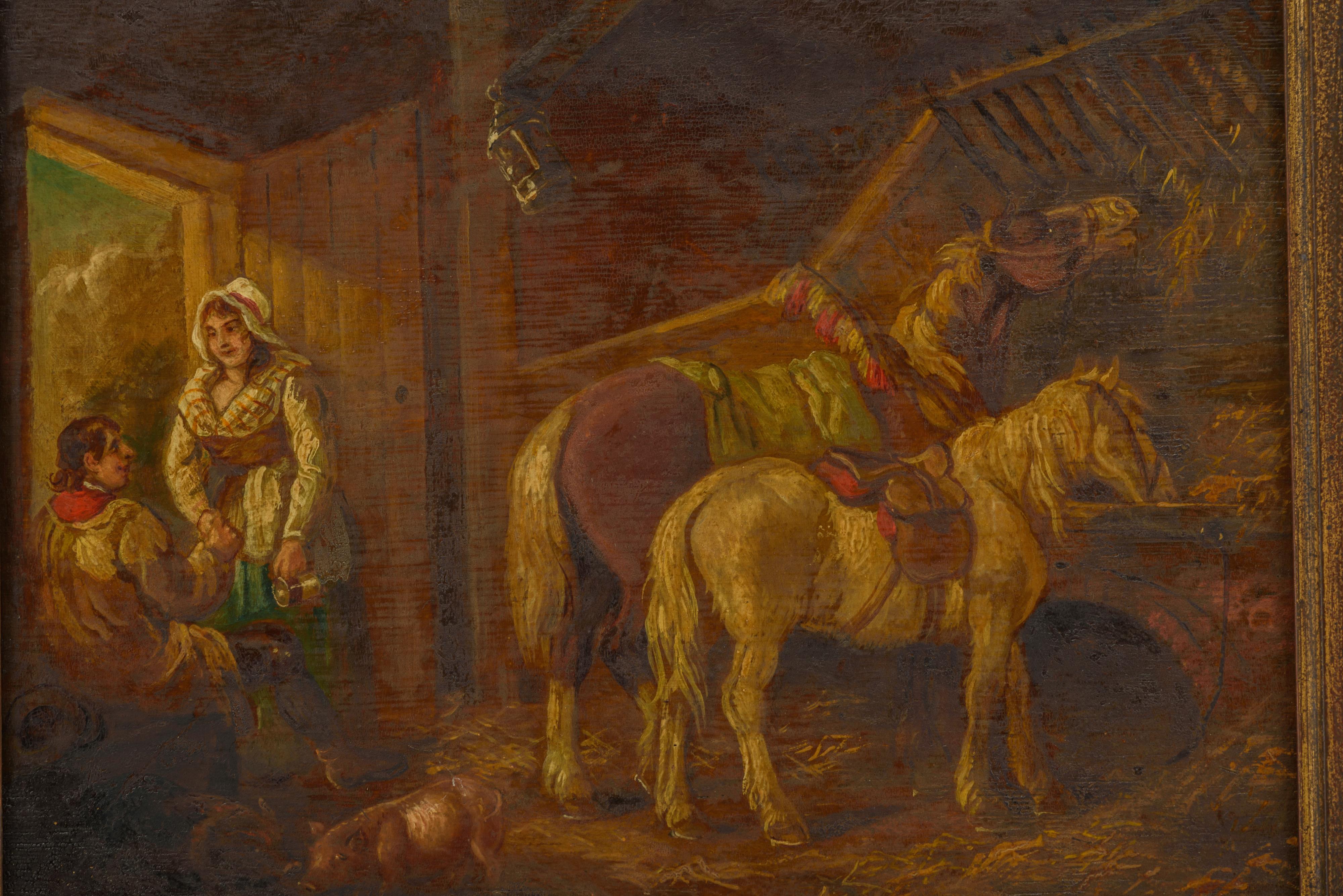 No visible signature (attributed to Georges De Morland), a romantic scene in a stable, oil on panel, - Image 9 of 14