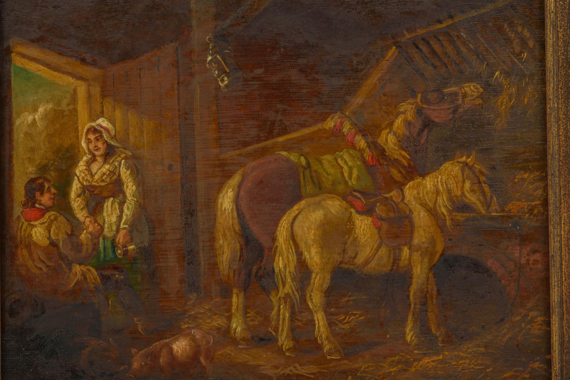 No visible signature (attributed to Georges De Morland), a romantic scene in a stable, oil on panel, - Bild 9 aus 14