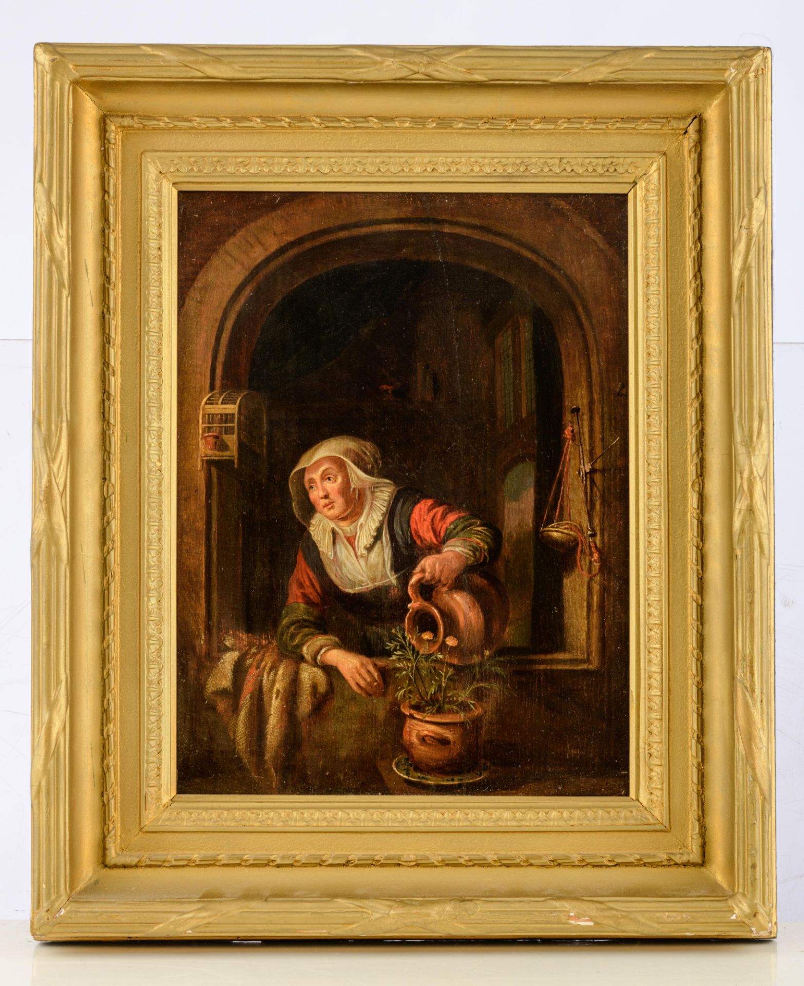 Unsigned (in the manner of Gerrit Dou),ÿthe maid watering the plant near the window, 17thC, the Nort - Bild 2 aus 6