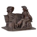 Van Perck H., young women in conversation, patinated bronze, H 31 - W 40,5 cm