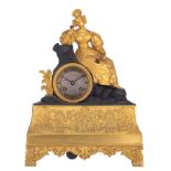 A gilt and patinated bronze Romanticism Louis-Philippe mantle clock, with on top a gallant beauty ho