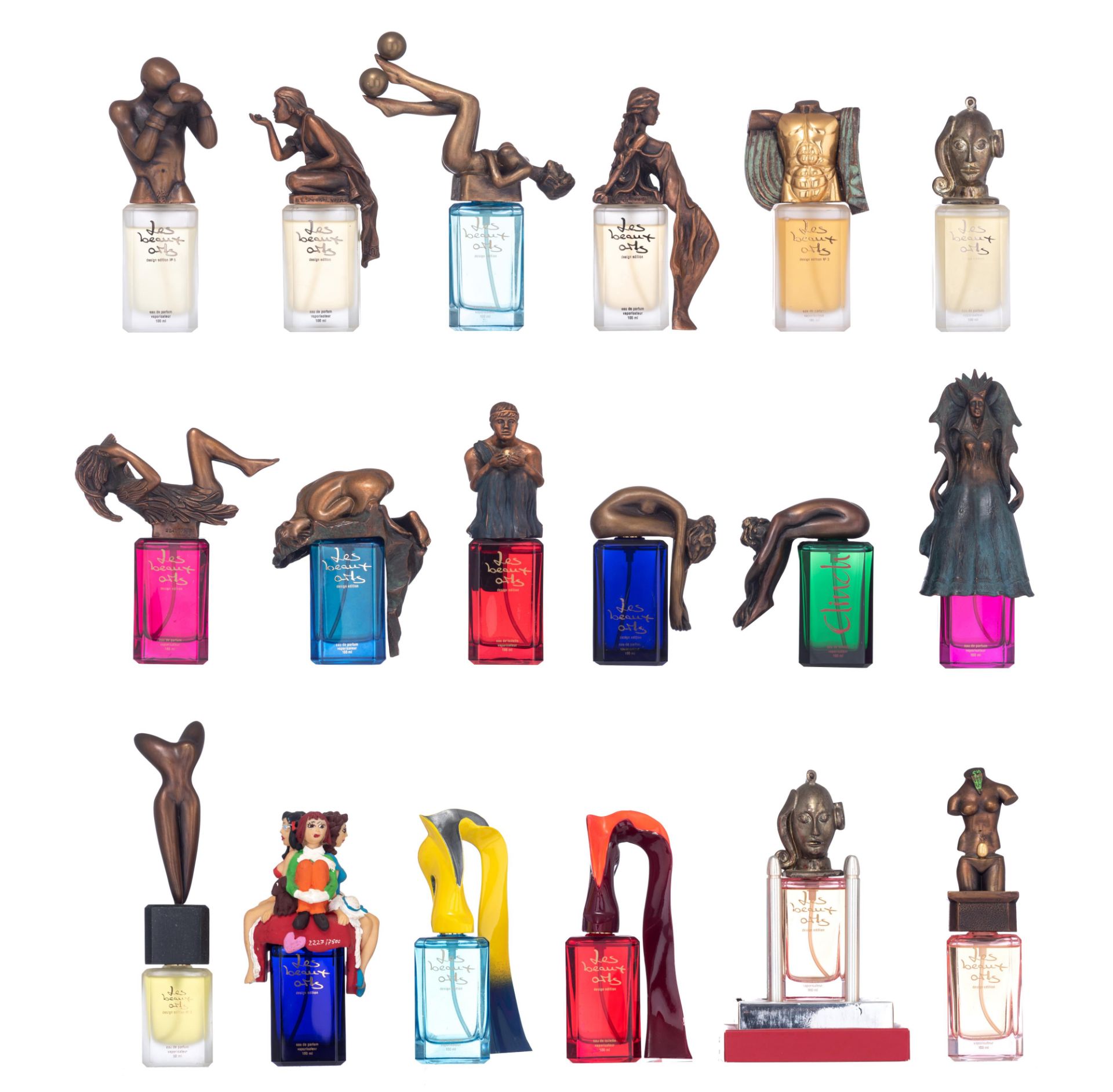 A series of 18 Les Beaux Arts perfume bottles with patinated bronze sculptures, design by various ar