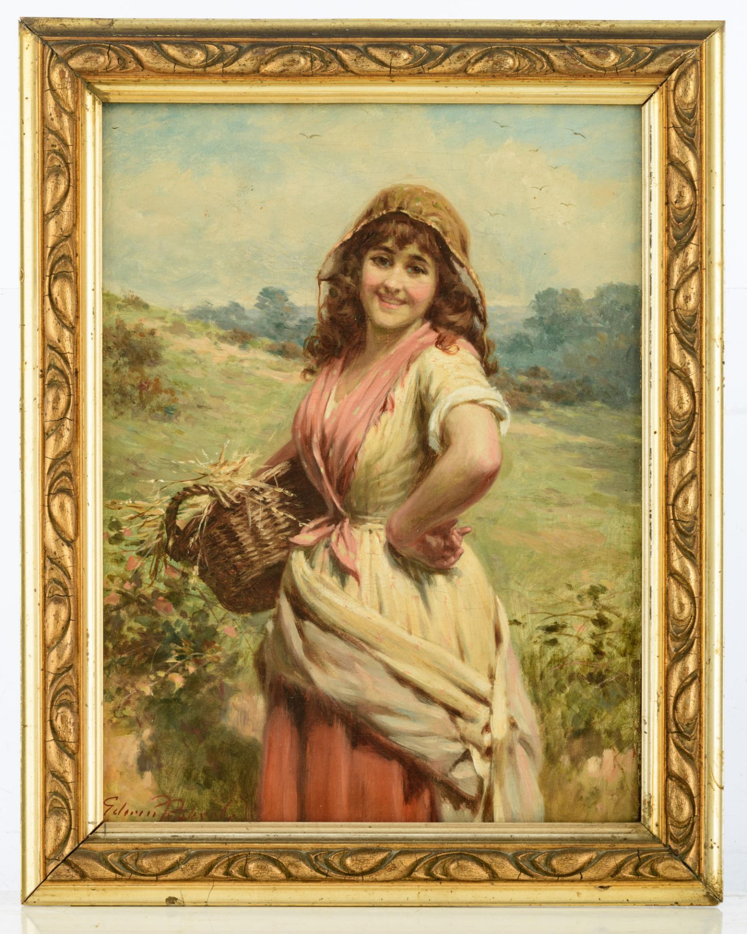 Roberts E., the proud peasant girl, oil on canvas, 31 x 41 cm. Added: no visible signature, farmers - Bild 2 aus 11