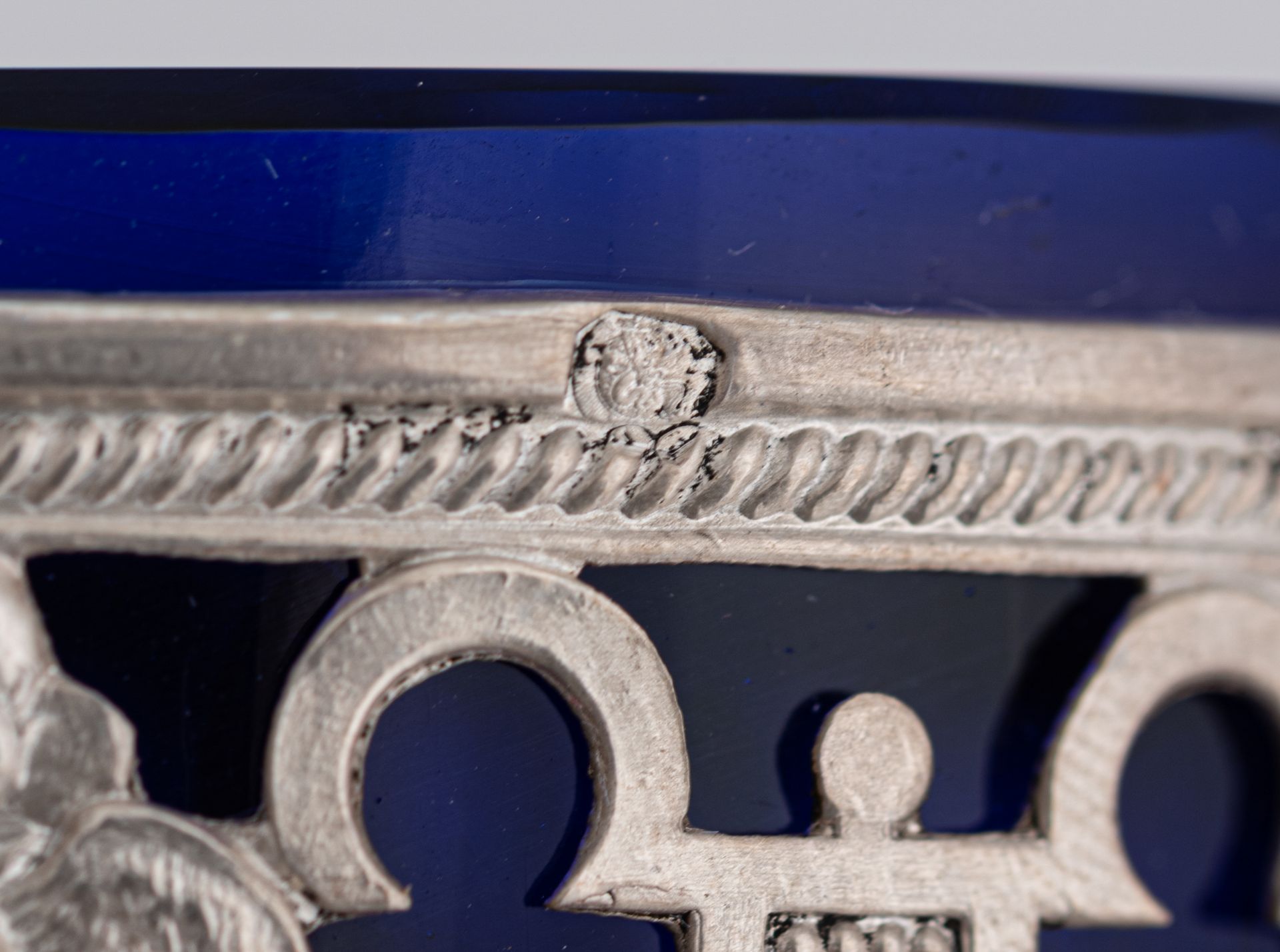 A set of eight Neoclassical silver salts with the blue glass liners and the matching spoons, French - Image 20 of 47