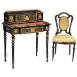 A black lacquered Napoleon III lady's writing desk ('bonheur-du-jour') with a matching chair, decora