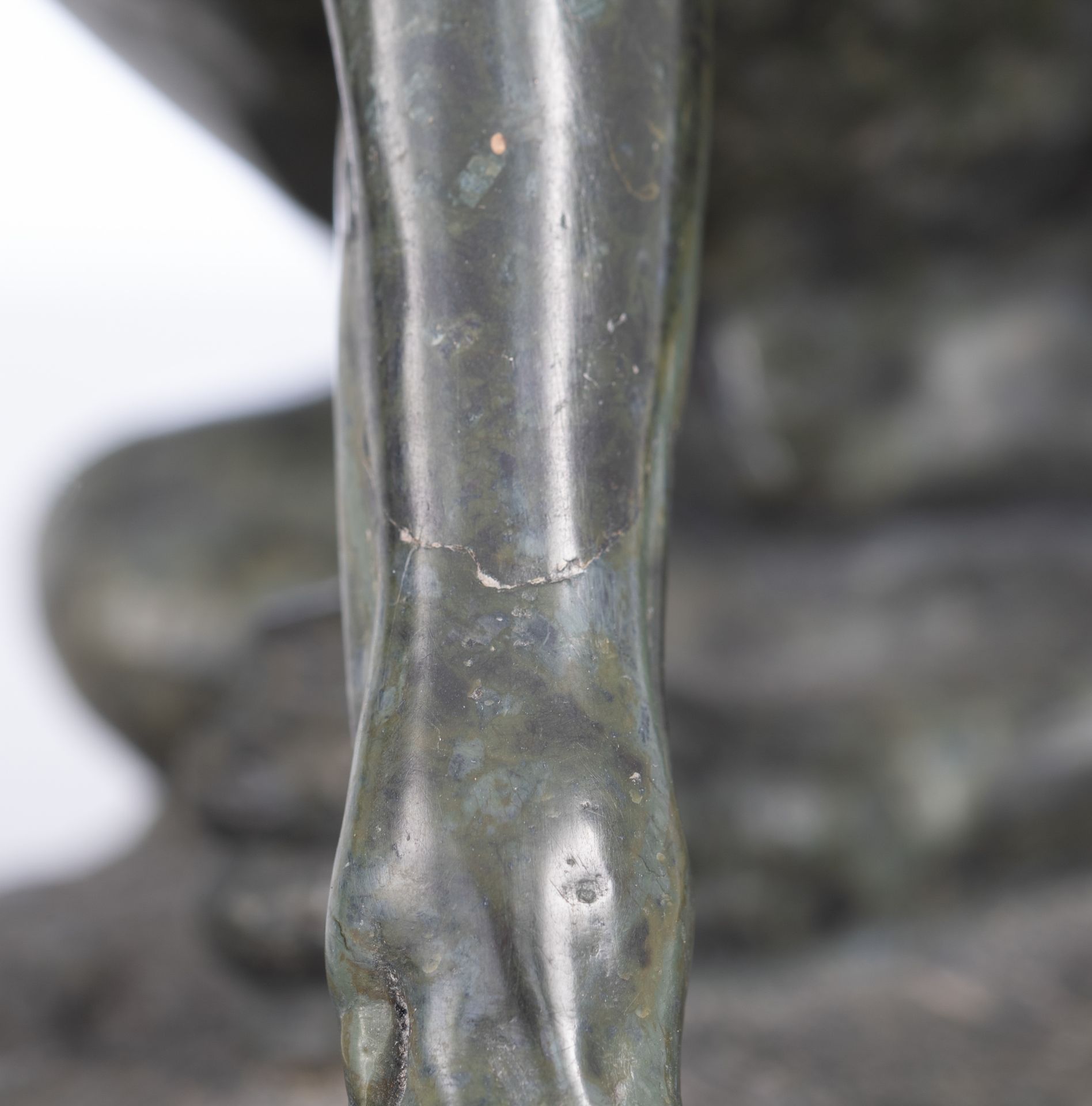 A green serpentine sculpture of a loyal dog, H 31,5 - W 29,5 cm. Added: a fine patinated bronze ange - Image 7 of 10