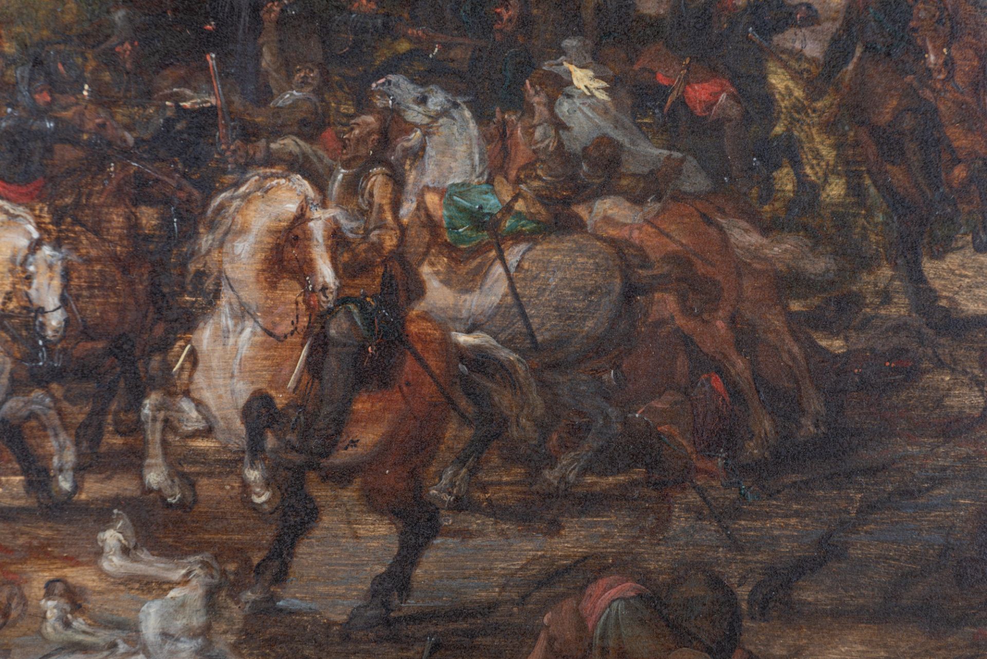 Attributed to/the circle of Vrancx S., a battle scene, oil on panel, 17thC, 25,5 x 36 cm - Image 3 of 13