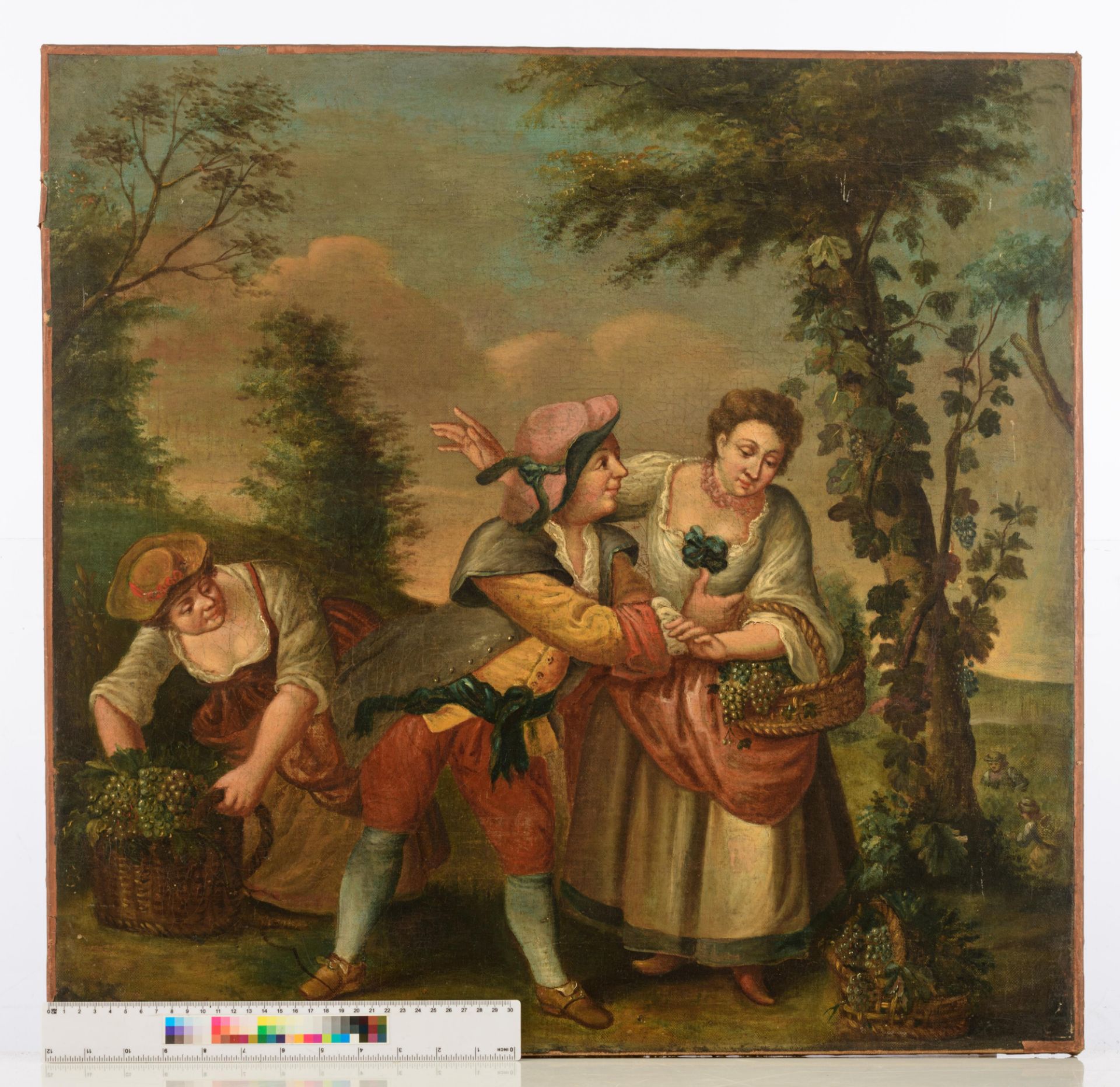 No visible signature, a genre painting depicting the harvest, 18th/19thC, oil on canvas, 66 x 69 cm - Bild 6 aus 8