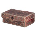 A Safavid Persian embroidery Quran casket decorated with metal thread and coloured beads depicting b