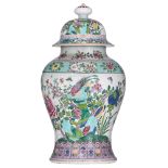 A large famille rose type Samson covered vase, decorated with birds and flowers, H 72,5 cm